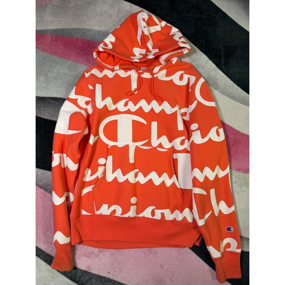 Champion Reverse Weave Orange All Over Script Logo Print Hoodie Mens Medium